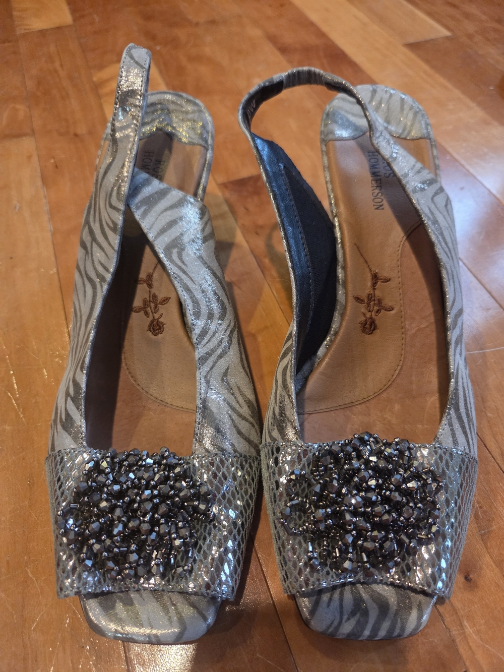 Ros Hommerson Silver Zebra-Print Slingback Heels with Black Crystal Cluster